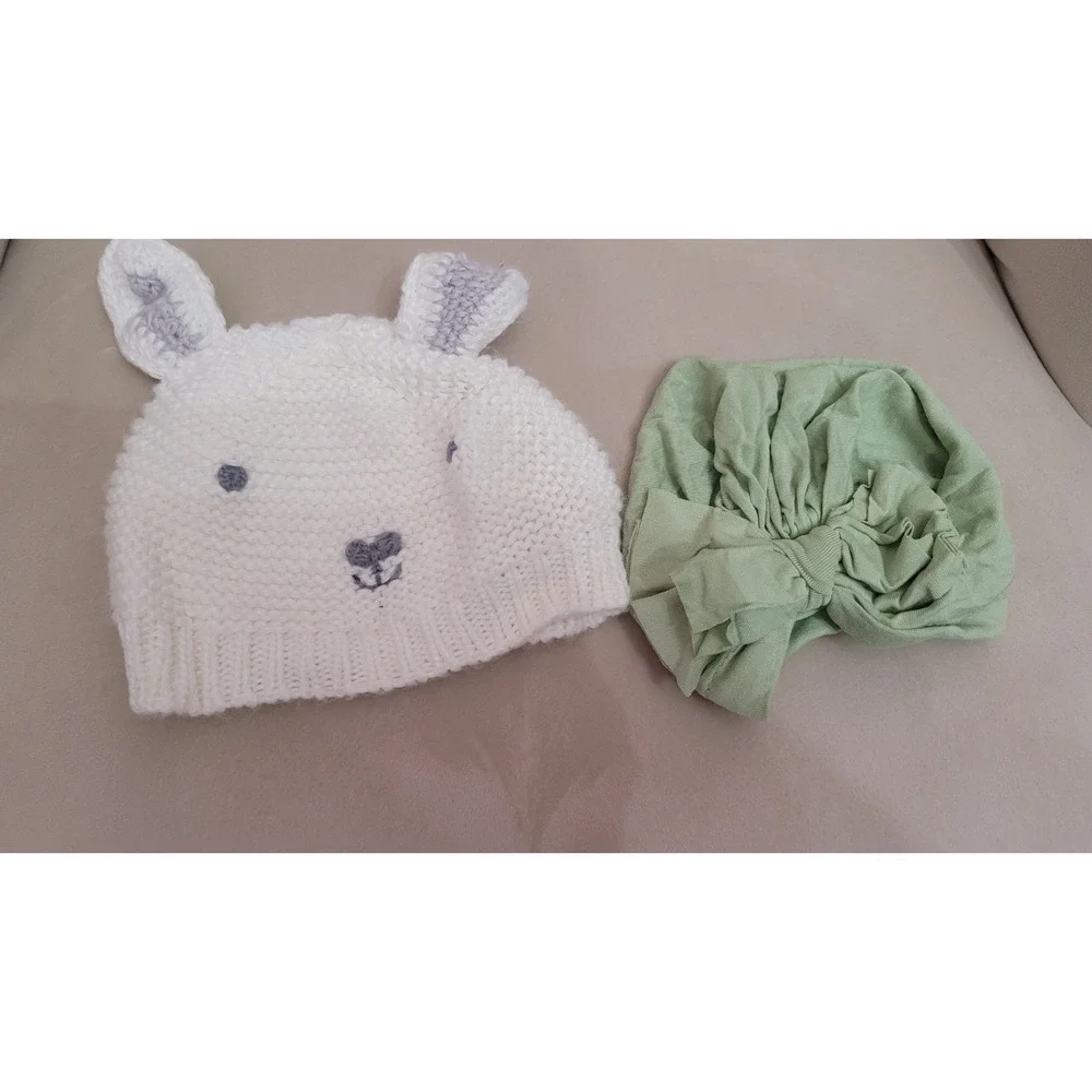Hand Knit Baby Infant Girl Hats 2 Caps